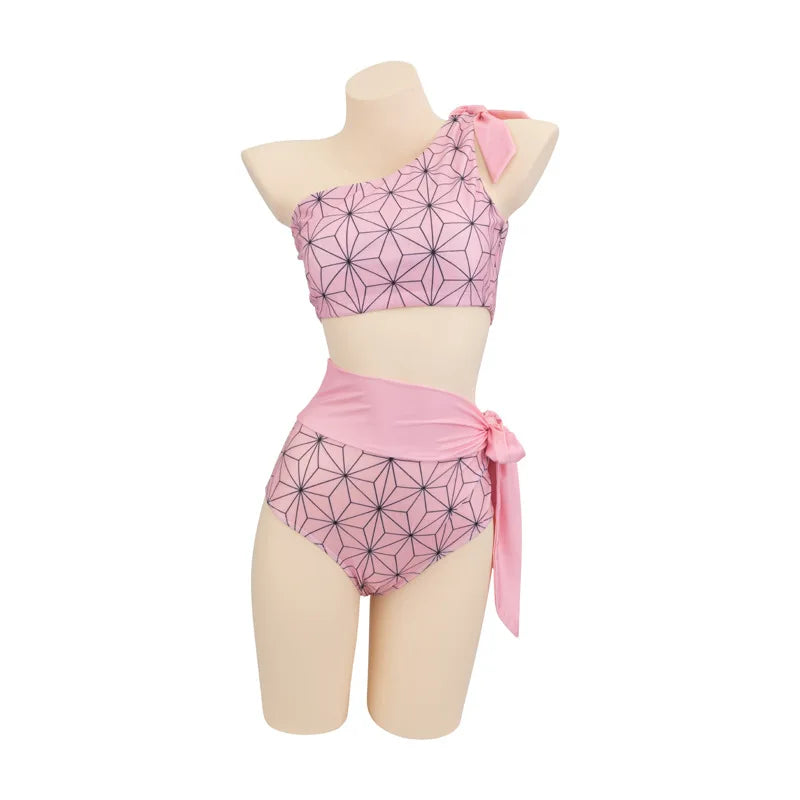 Anime Demon Slayer Kamado Tanjirou Cosplay Costume Nezuko Zenitsu Bikini Beach Halloween Summer Split Swimsuit Set