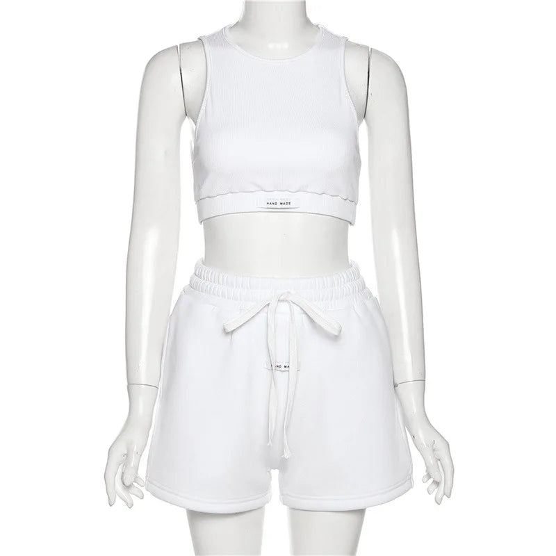 Sporty Solid Letter Two Piece Set Women Ribbed Skinny Tank Tops+ Loose Casual Bandage Shorts Matching Female Tracksuit