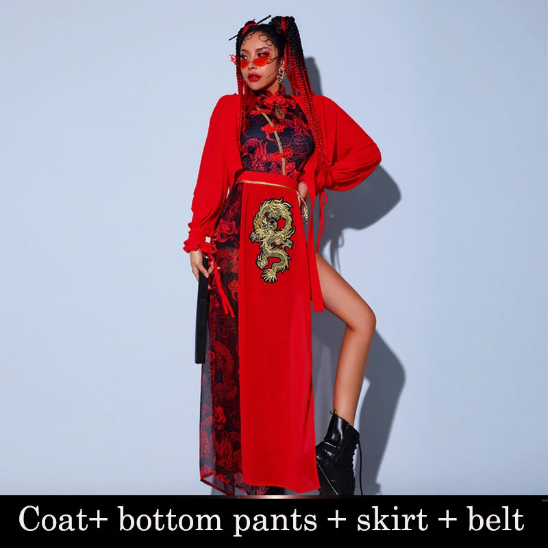 Red Festival Outfits Hip Hop Clothes For Adults Gogo Dance Stage Costumes Chinese Style Women'S Jazz Performance Clothes