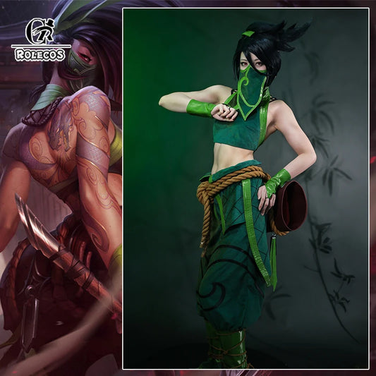 ROLECOS LOL The Rogue Assassin Akali Cosplay Costume Game LOL Akali Women Green Outfit Halloween Suit With Bag