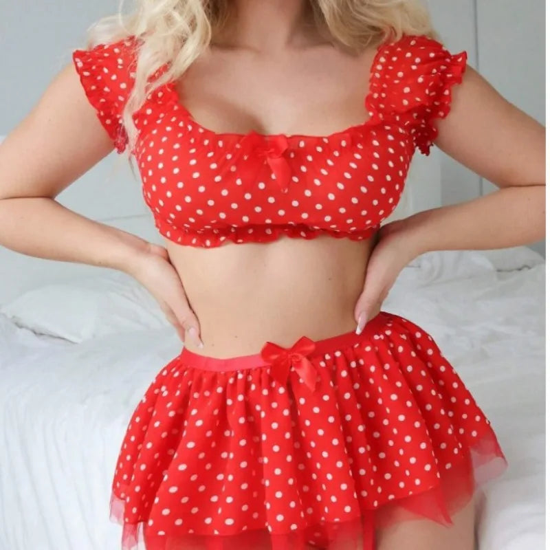 Toucheart Sexy Lingerie Suit For Women Bow Knot Mesh Patchwork Polka Dot Off-shoulder Polka Skirt Sexy Exposed Navel Underwear