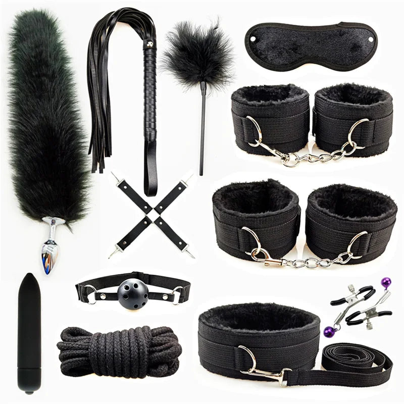 Adult Products Sextoy BDSM Bondage Set Handcuffs Whip Anal Plug Collar Gag Rope Leather Restraint Kits Sex Toys for Couples