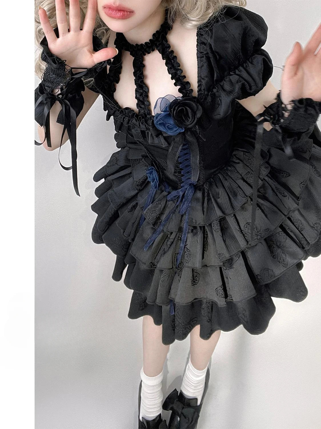 Original Gothic Black Lolita Short Dress Female Slim Fit Bubble Sleeves Neck Halloween Party Dress Women's Summer Dress 2025
