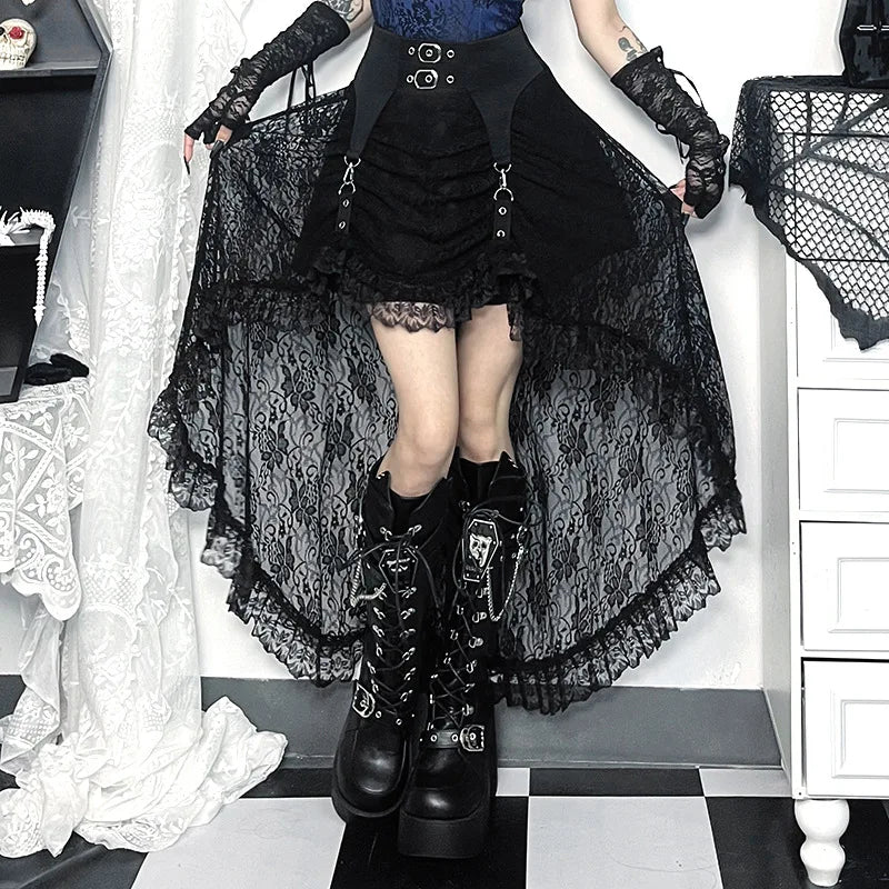 Goth Dark Irregular Hem Lace Patchwork Skirts Fairy Grunge Metal Buckle Zip Streetwear Chic Bottoms Mall Gothic Women Alt Skirts