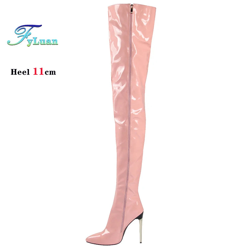 Size 35-48 Over-the-Knee Boots For Woman Patent Leather Nightclub Long Shoes 11CM Women Thigh Boots Stripper Heels Botas Mujer