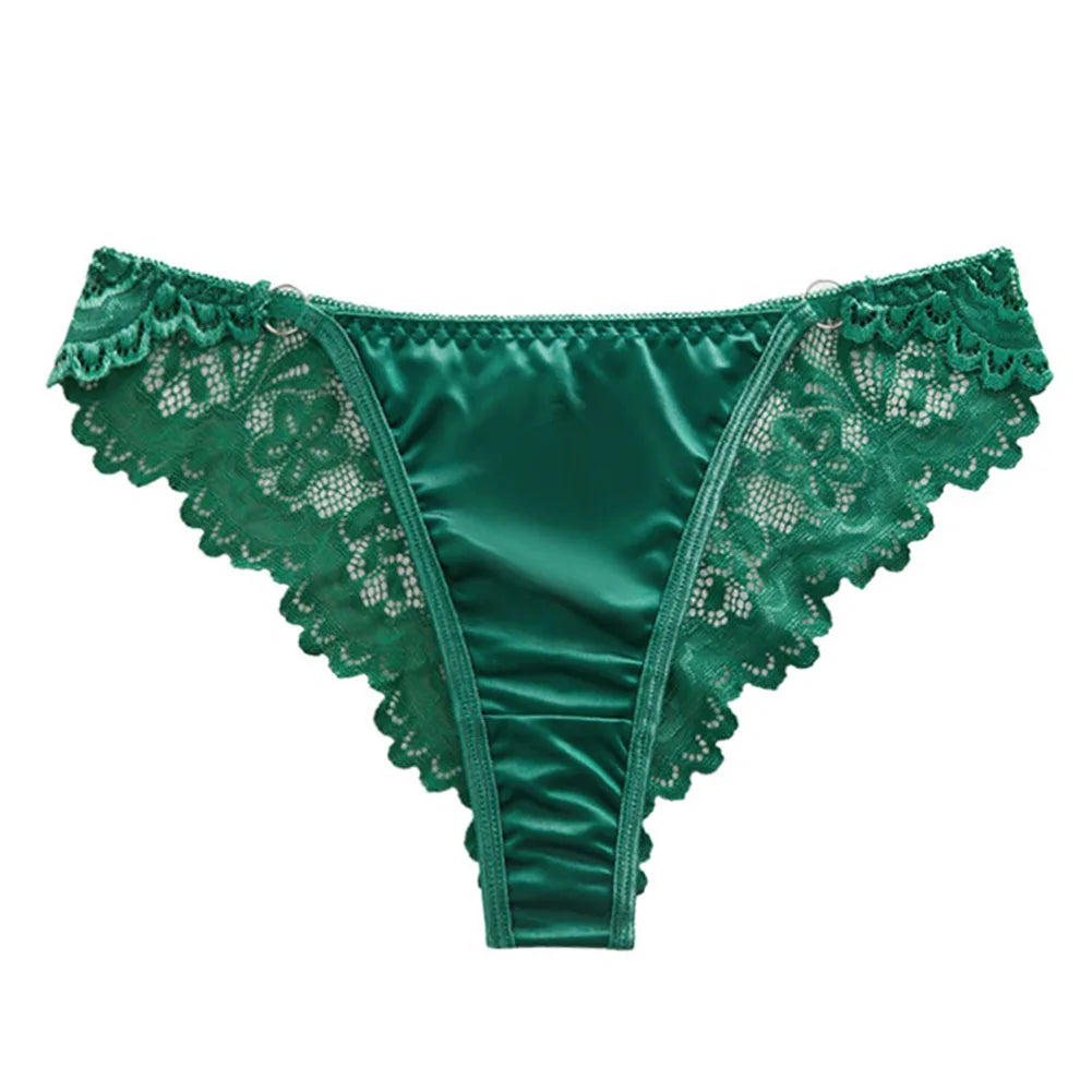 1pc Women's Satin Silky Knickers Sexy Bikini Briefs Underwear See Through Lace Panties Low Waist Female Thongs
