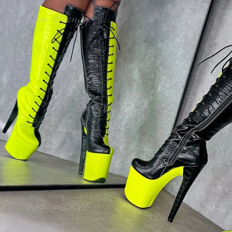 Neon Yellow Black Stiletto Knee Boots High Platform Woman Round Pole Dance Man Plaid Leather Hot Chick Booties Nightclub Shoes
