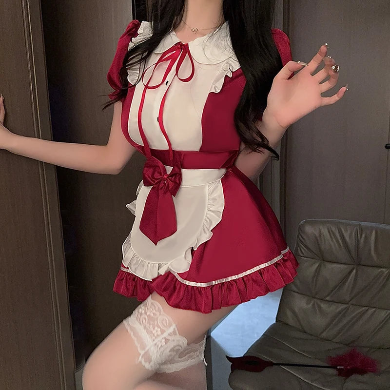 Lolita Women Maid Outfit Cosplay Cute Sexy Erotic Kawaii Cafe Costume Cosplay Erotic Costumes Uniform Apron Dress Cute Bowknot
