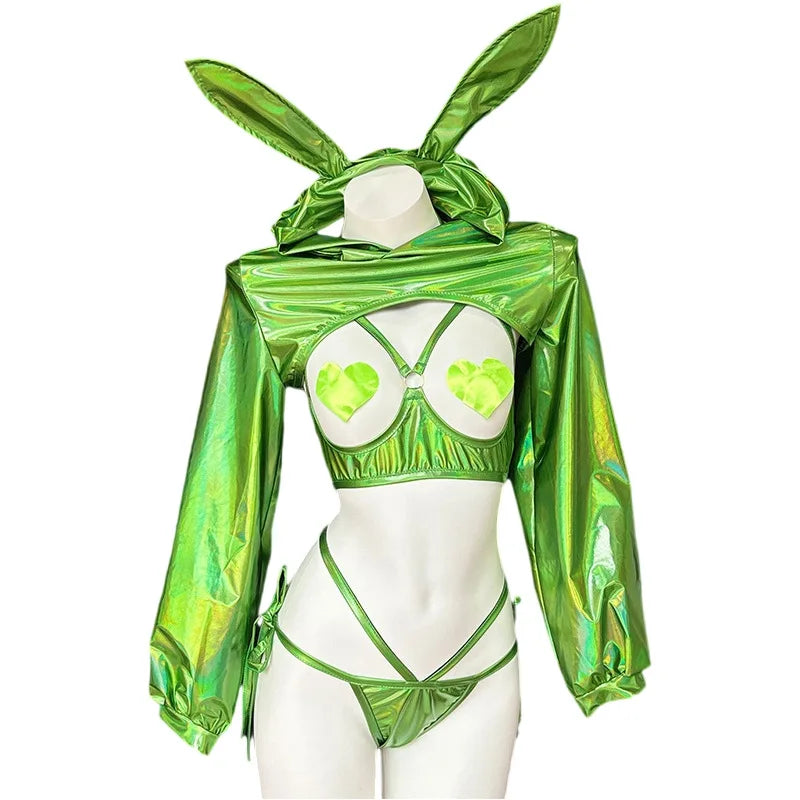 Anime Cute Bunny Girl Costumes Women Sexy Laser Leather Hooded Bodysuit Outfits Kawaii Rabbit Ears Uniform Bikini Set Nightdress