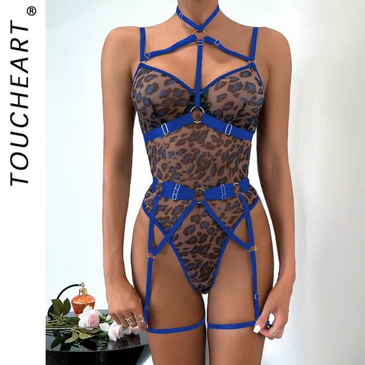 Toucheart Sexy Lingerie For Women Leopard Print See-Through Mesh Strappy Sexy Underwire Sexy Garters Body-Shaping Bodysuit New