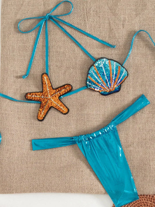 Women Sexy Laced Up Backless Pleate Thong Swimsuit 2025 New Summer Swimwear Shiny Sequin Shell Starfish Bikini 2 Piece Set