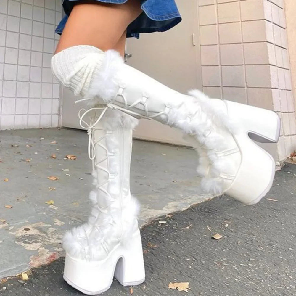 Winter Big Size 43 y2k White Punk Style Women's Faux Fur Chunky Platform Boots Gothic Black Block High Heels Shoes