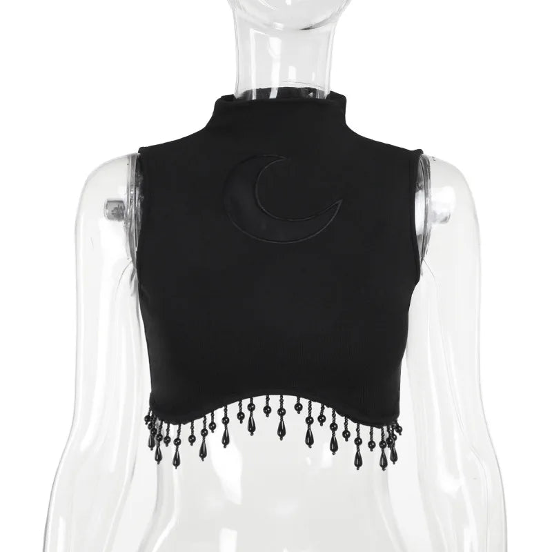 Goth Dark Cyber Y2K Skinny Turtleneck Tank Top Sexy Moon Chain Tassel Sleeveless Crop Tops Gothic Women Punk Streetwear Alt Vest