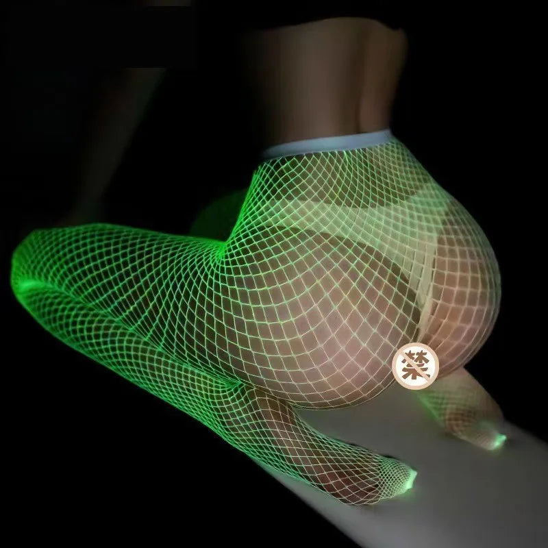 Night Fluorescent Women's Long Socks Fishnet Body Stockings Curve Lingerie Y2k Mesh Fabric High Waist Sex Tights Sexy Bodysuits