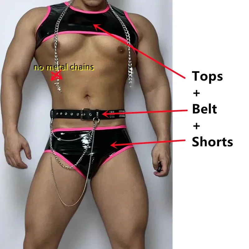 Chains Performance Clothes Club Party Show Rave Outfit DJ Nightclub Male Pole Dancing Costume Fluorescent PU Leather Bikini Belt