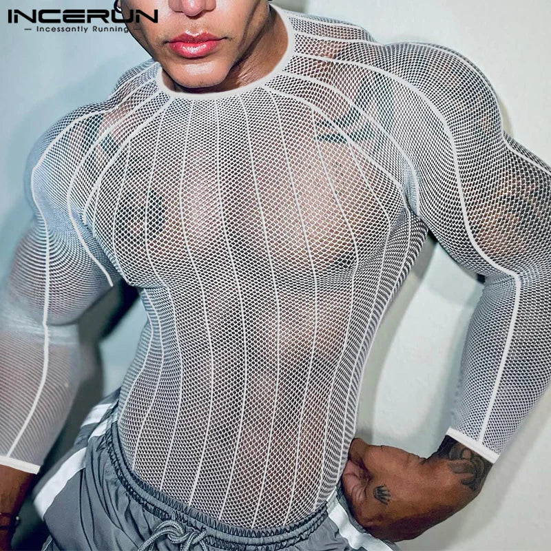 Party Nightclub Style Tops INCERUN Men's See-through Thin Design T-shirts Sexy Leisure Male Hot Sale Long Sleeved Camiseta S-3XL