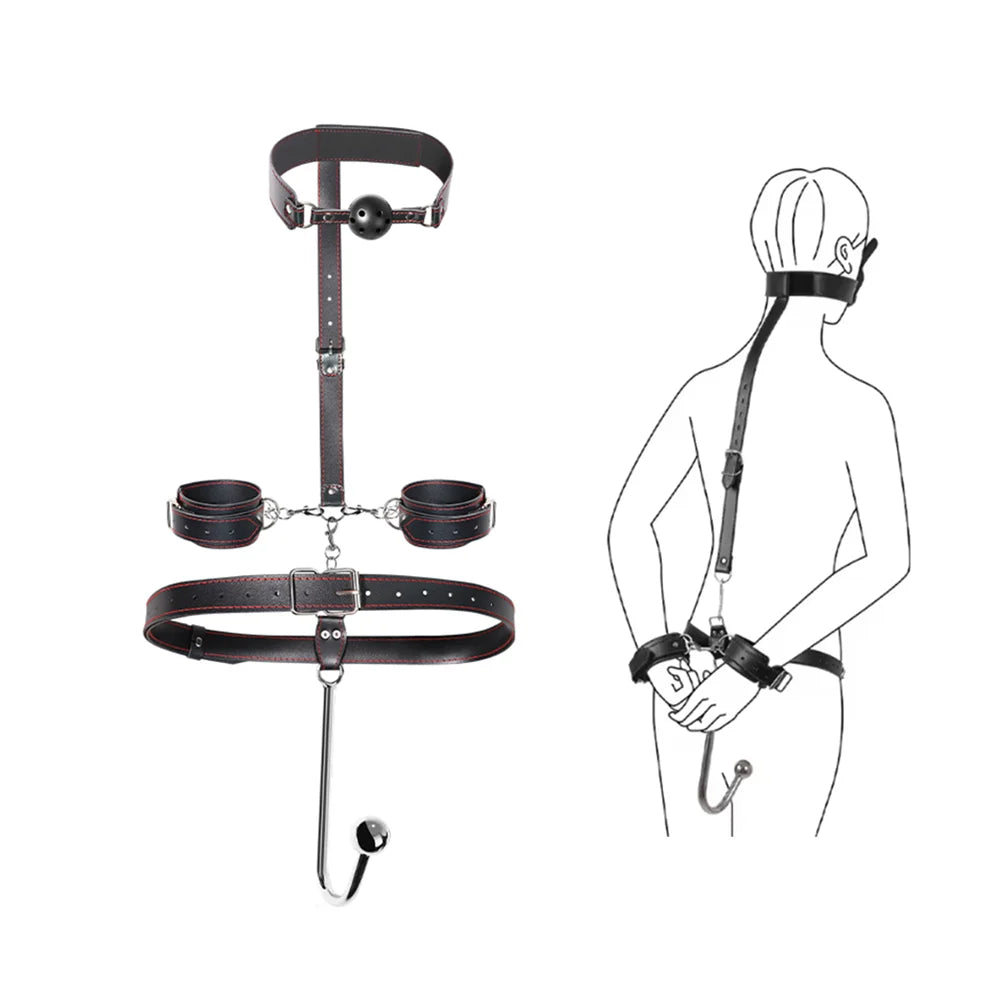 JIUAI Metal Anal Hook with Leather Collar Sexual Kits BDSM Erotic Bondage Restraint Game for Fetish Couples Adult Anal Sex Toys