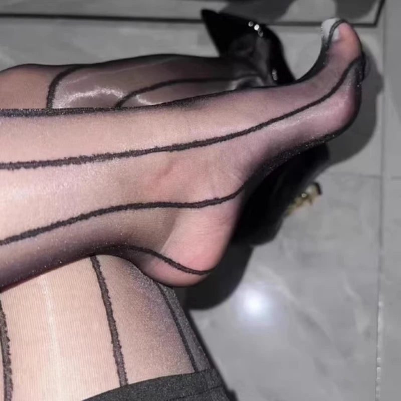 5D Aurora Series Oil Shiny Silky Nylon Stockings Women Black Sexy Striped Ultra Thin Transparent Open Crotch Pantyhose