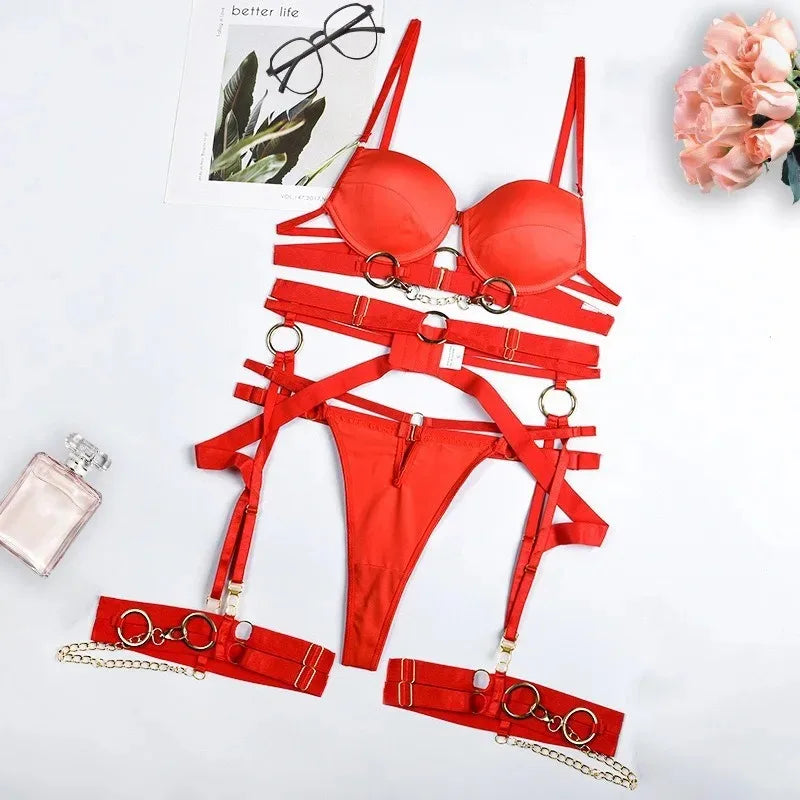 Ashburn Sexy Lingerie Suit for Women Sexy Fashionable Metal Chain Complex Craftsmanship Front Button Sex Hollow Out Underwear