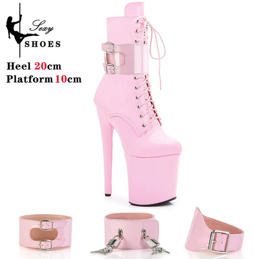 Sexy 20CM/8inches Women Ankle Boots Platform High Heels Strappy Fetish Stripper Shoes Lock Belt Buckle Pole Dance Models Boots