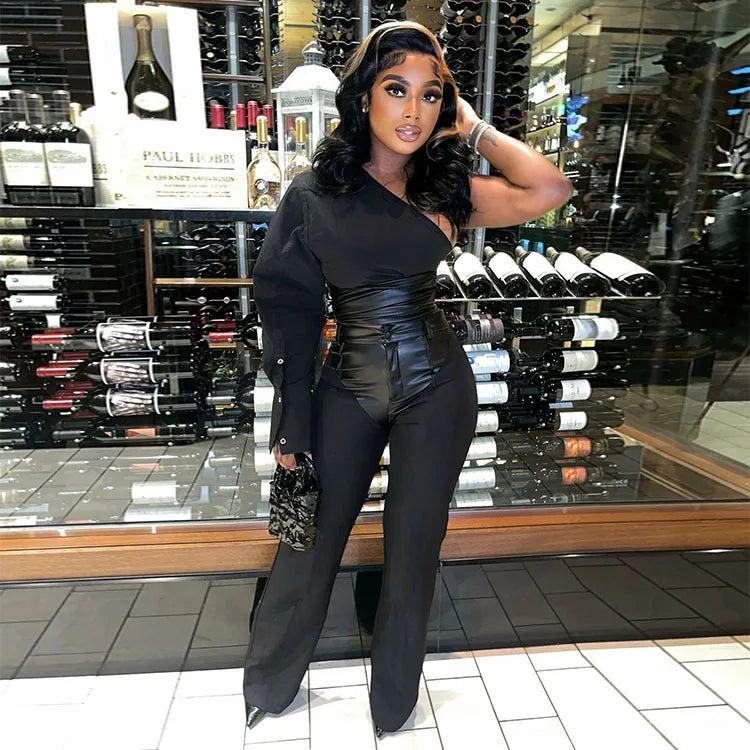 Women Two Piece Pant Sets Leather Spliced Long Pants Button One Shoulder Tops Irregular Patchwork Streetwear Slim Fits 2025