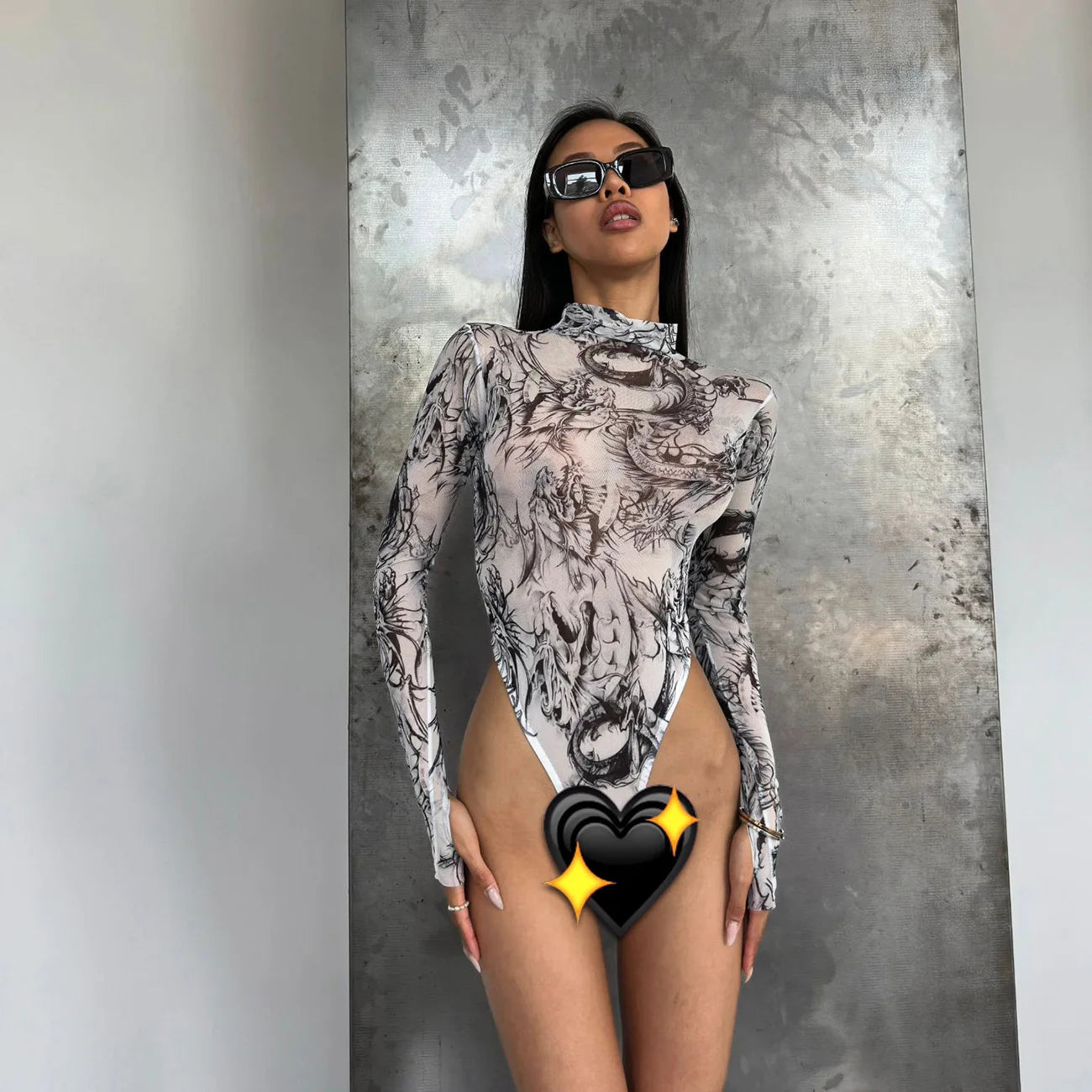 Sexy High Fork Tie Dye Print Bodysuit Women Long Sleeve Cyber Body T-Shirt Game Cosplay Jumpsuit Costume Mesh Transparent