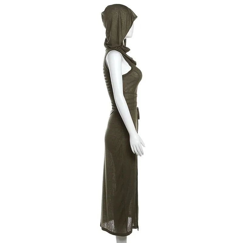2025 Women's Goth Dark Cyber Gothic Hooded Dresses Y2k Punk Grunge Hollow Out Midi Dress Vintage Sexy Split Side Bodycon Dress
