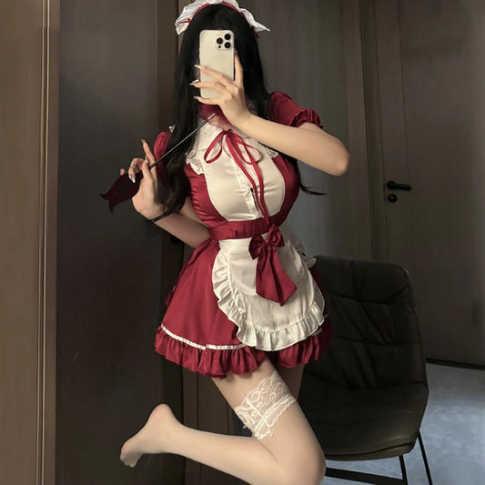 Lolita Women Maid Outfit Cosplay Cute Sexy Erotic Kawaii Cafe Costume Cosplay Erotic Costumes Uniform Apron Dress Cute Bowknot