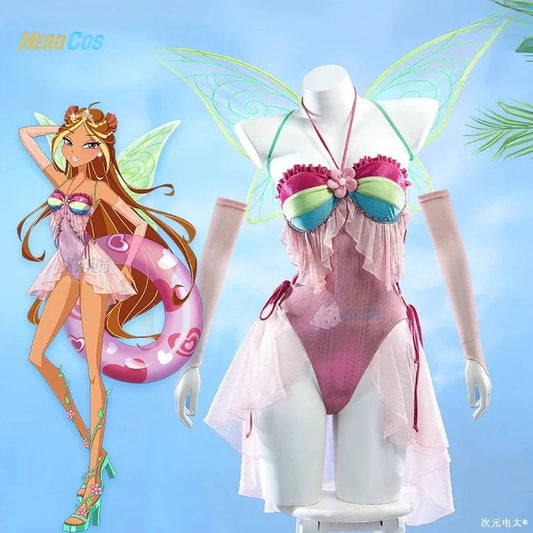 Anime Winx Club Cosplay Flora Costume Summer Piece Swimsuit with Wing Halloween Carnival Party Christmas Play Role Clothes