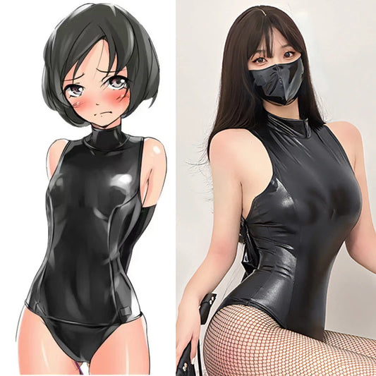 Women Sexy Game Cosplay Bodysuit Back Sleeve Bind Costume Anime PU Leather Maid Costume Uniform