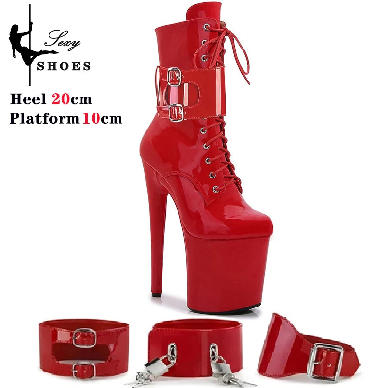 Sexy 20CM/8inches Women Ankle Boots Platform High Heels Strappy Fetish Stripper Shoes Lock Belt Buckle Pole Dance Models Boots
