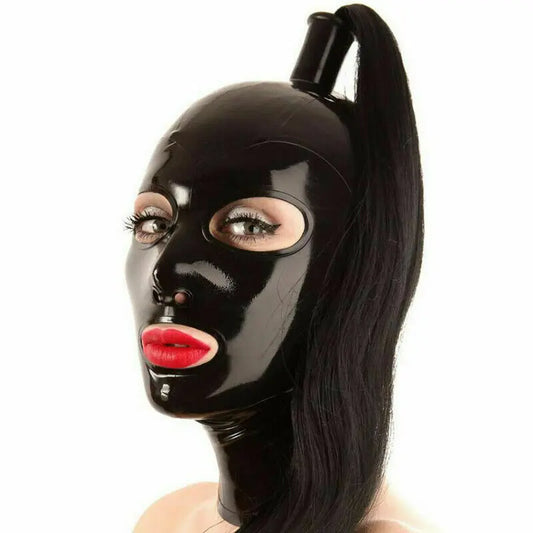 Latex Masks Sexy Fetish Rubber Mask with Wig Hair Latex Hood Back Zipper Cosplay Halloween Costumes for Adult Headgear Men Women