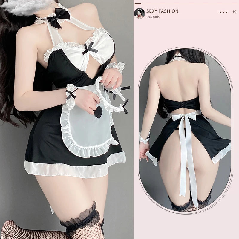Maid Outfit Lolita Cosplay Lingerie Pajamas Sexy Kawaii Club Costume Black White Women Uniform Babydoll Dress Bowknot Costumes