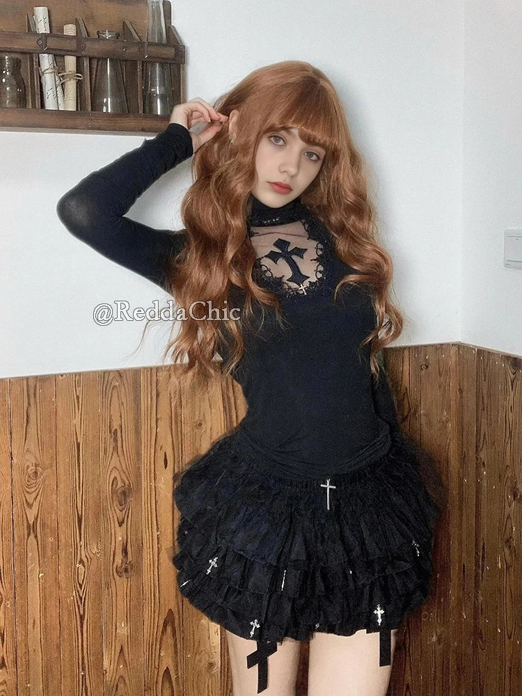 REDDACHiC Alt Goth Cross Decor Black Bloomers Retro Elastic Waist Tiered Ruffle Cake Pumpkin Shorts Panties Lolita Women Bottoms