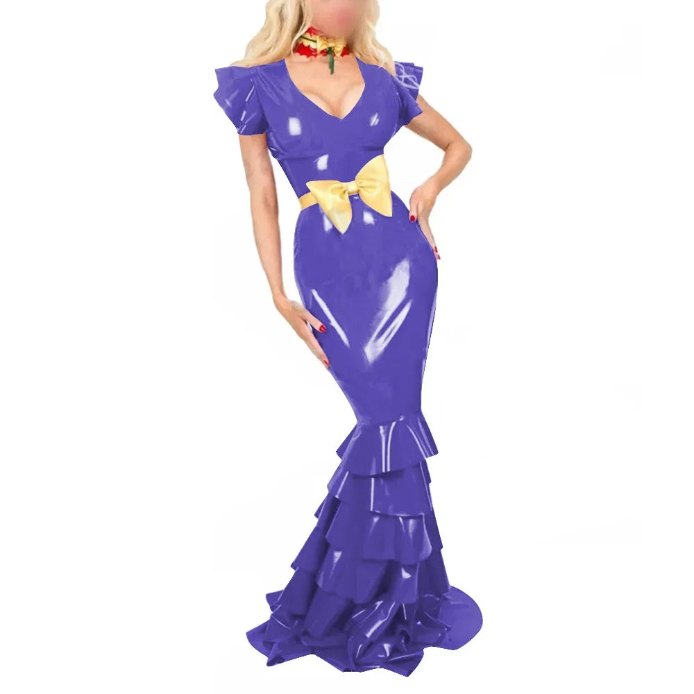 Plus Size Sexy V Neck Hobble Dress Vestido PVC Leather Short Sleeve Slim Ruffled Design Bodycon Maxi Dress Banquet Venue Gown