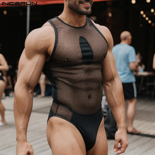 Sexy Stylish Style Homewear INCERUN Men Mesh Hollow See Through Jumpsuits Casual Fashion Patchwork Sleeveless Triangle Bodysuits