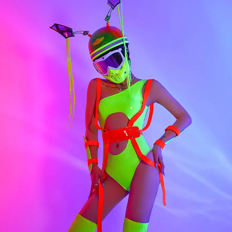 Drag Queen Gogo Dancer Costume Women Fluorescent One-Piece Bodysuit Goggles Stage Outfit Pole Dance Nightclub Bar Rave Clothes