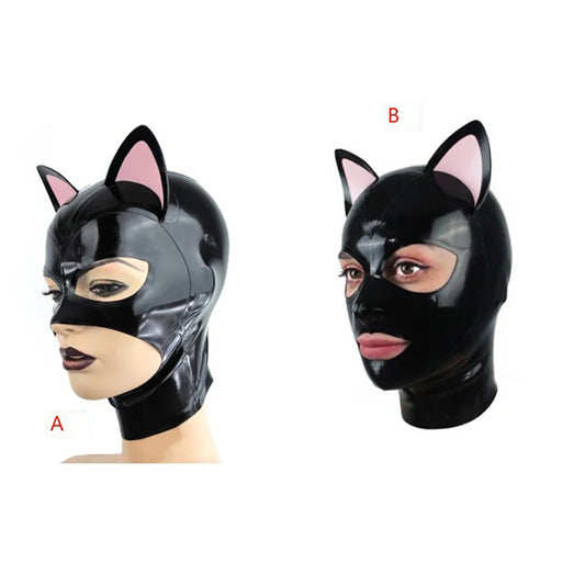 Adult Latex Hood Mask with Pink Cat Ears Back Zipper Rubber Head Mask Pretty Women Cosplay Costumes Props