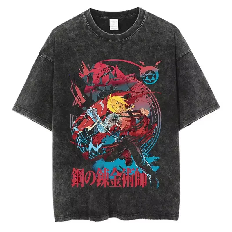 Vintage Black Washed Cotton Tees Shirts Anime Graphic Tshirts for Men Women Casual Short Sleeve Tops Cosplay Hip Hop Streetwear