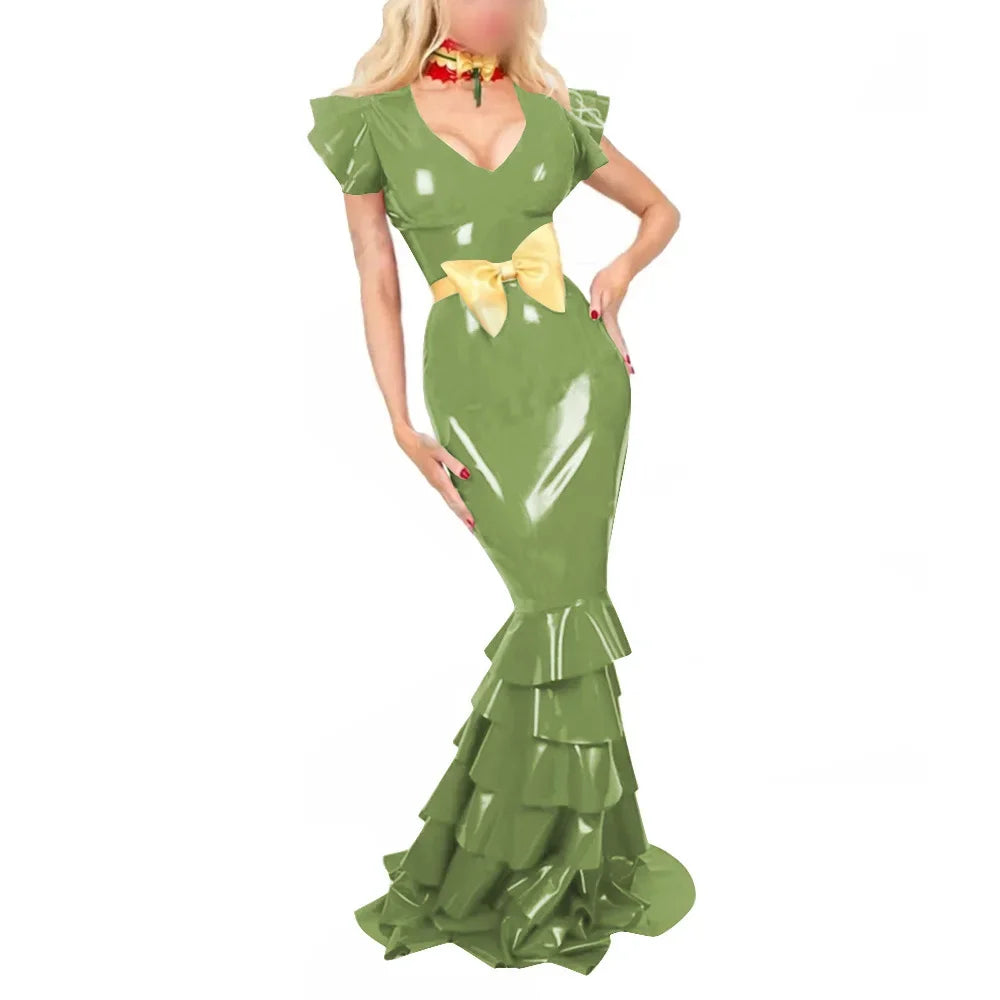 Plus Size Sexy V Neck Hobble Dress Vestido PVC Leather Short Sleeve Slim Ruffled Design Bodycon Maxi Dress Banquet Venue Gown