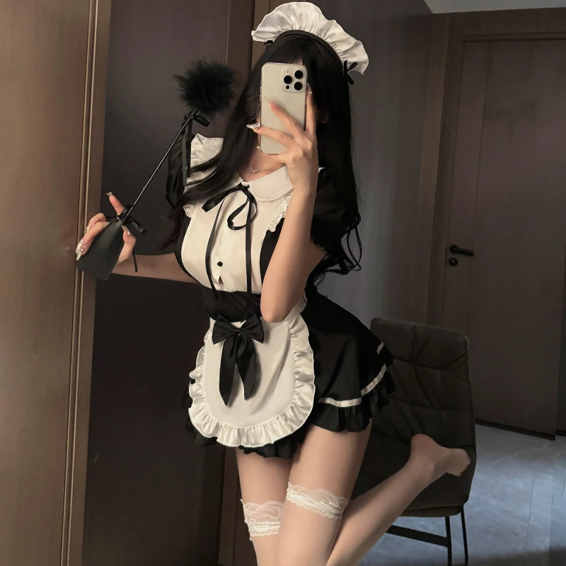 Lolita Women Maid Outfit Cosplay Cute Sexy Erotic Kawaii Cafe Costume Cosplay Erotic Costumes Uniform Apron Dress Cute Bowknot