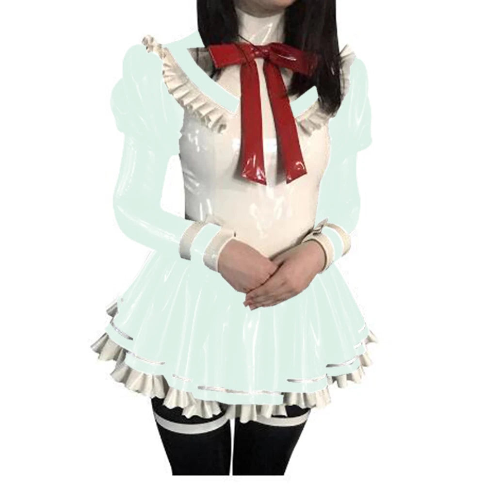 Cosplay Custom Mini Dress Sexy Faux Latex French Maid Club Dresses Long Puffs Sleeves Ruffles PVC Uniform Outfit Clubwear
