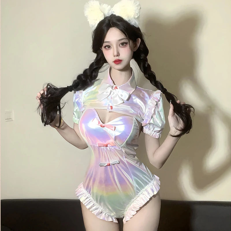 NEEDY GIRL OVERDOSE KAngel Bodysuit Cosplay Sweet Lolita Laser Ruffle Swimsuit Pink Cute Bodysuit Role Play Outfits Halloween