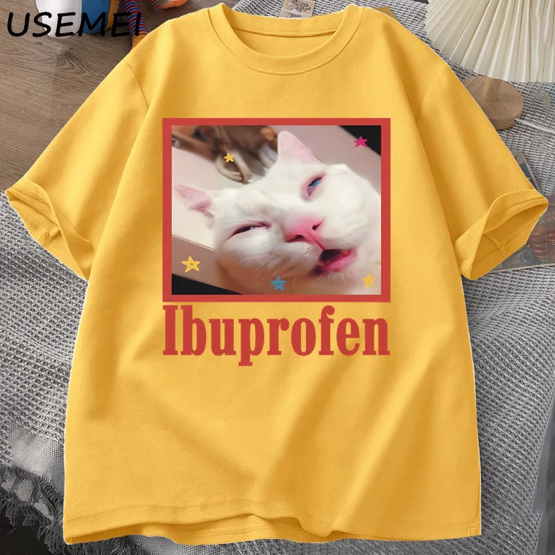 Ibuprofen Cat Meme Tshirt Funny Cat Graphic Tee Cute Cat Lover Cotton T-Shirt Casual Funny T Shirts Unisex Oversized Tshirt Tee