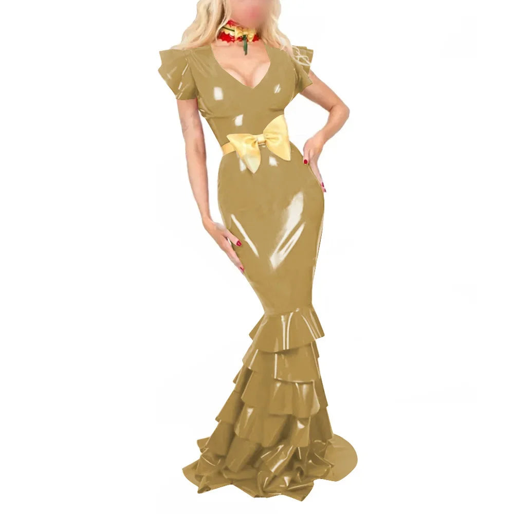 Plus Size Sexy V Neck Hobble Dress Vestido PVC Leather Short Sleeve Slim Ruffled Design Bodycon Maxi Dress Banquet Venue Gown