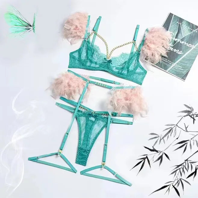 Toucheart 4 Piece Set Fun Lingerie For Women Feather Lace Splicing Chain Sexy Slim Mesh See-Through Sexy Lingerie Garters Suit