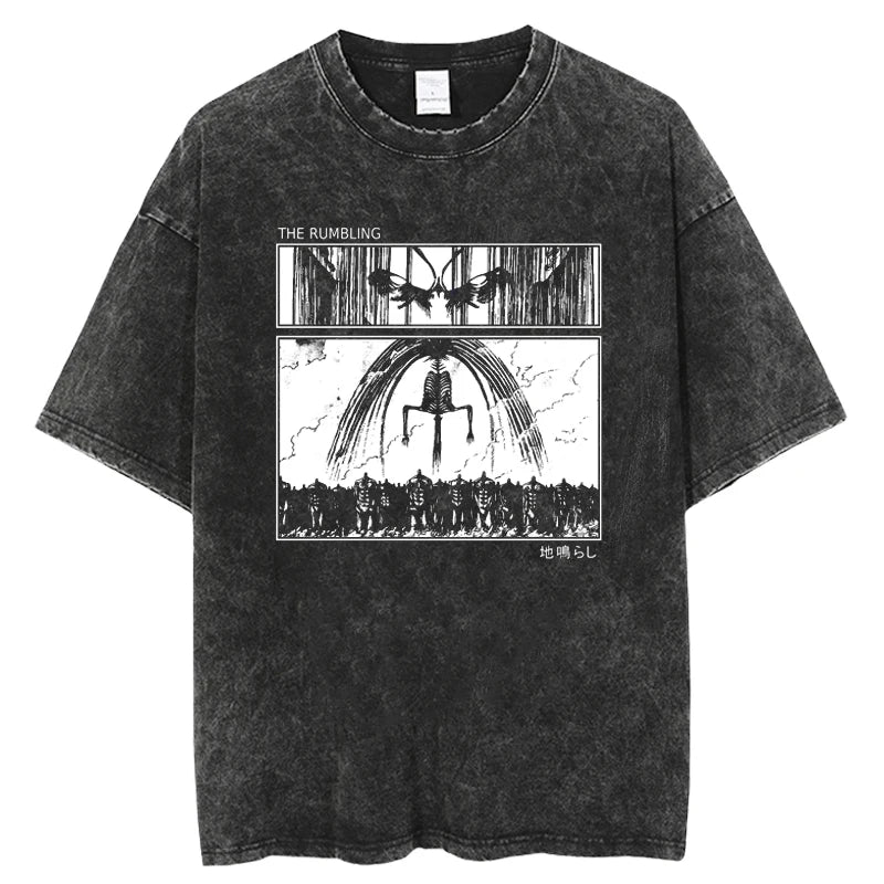 Anime Attack on Titan Tshirts Vintage Washed T Shirt Harajuku Oversize Cotton Tee Cotton Fashion Streetwear Unisex Top