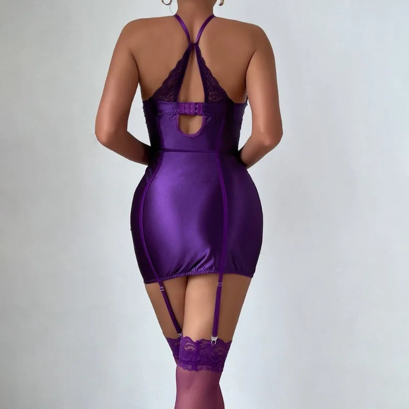 Toucheart Sexy Lace Jumpsuit Set for Women Solid Color Mesh Underwear Stocking Sexy Garters Nightgown Strapless Underwear Set
