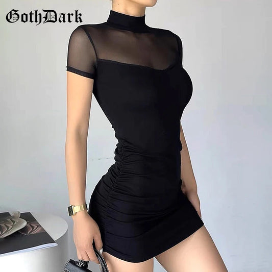 Goth Dark Mall Goth Mesh Patchwork Short Sleeve Mini Dress Cyber Y2K Half High Pleat Bodycon Dresses Women Slim Techwear