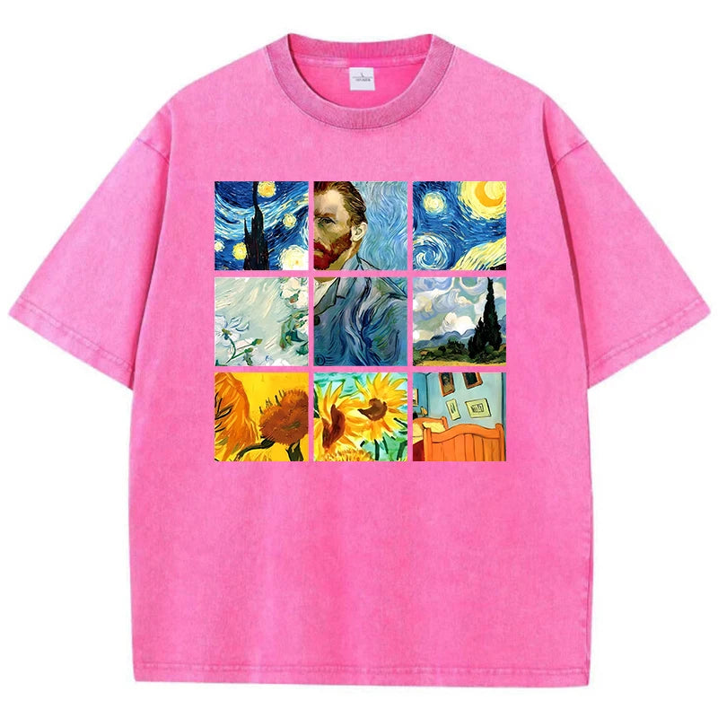 Cotton Woman Washed T-Shirts Van Gogh'S Starry Night And Sunflowers Prints Tops Distressed Oversized Tees Casual Female Clothes